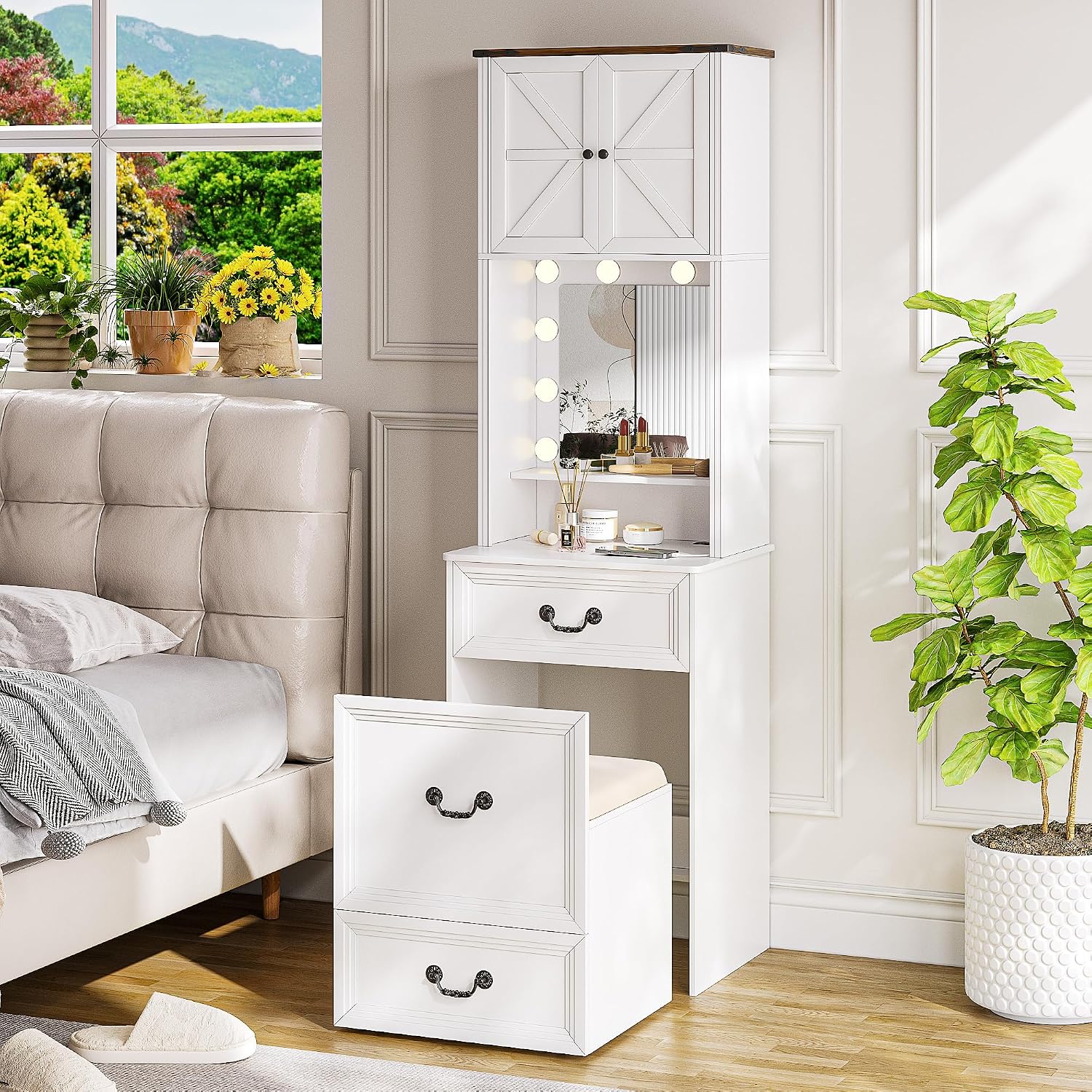 Compact Vanity with Mirror and Lights, Makeup Vanity Desk w/Storage Drawers & Shelves, Farmhouse Vanity Table with Hidden Chair for Bedroom, Dressing Table Gift for Girls Lady