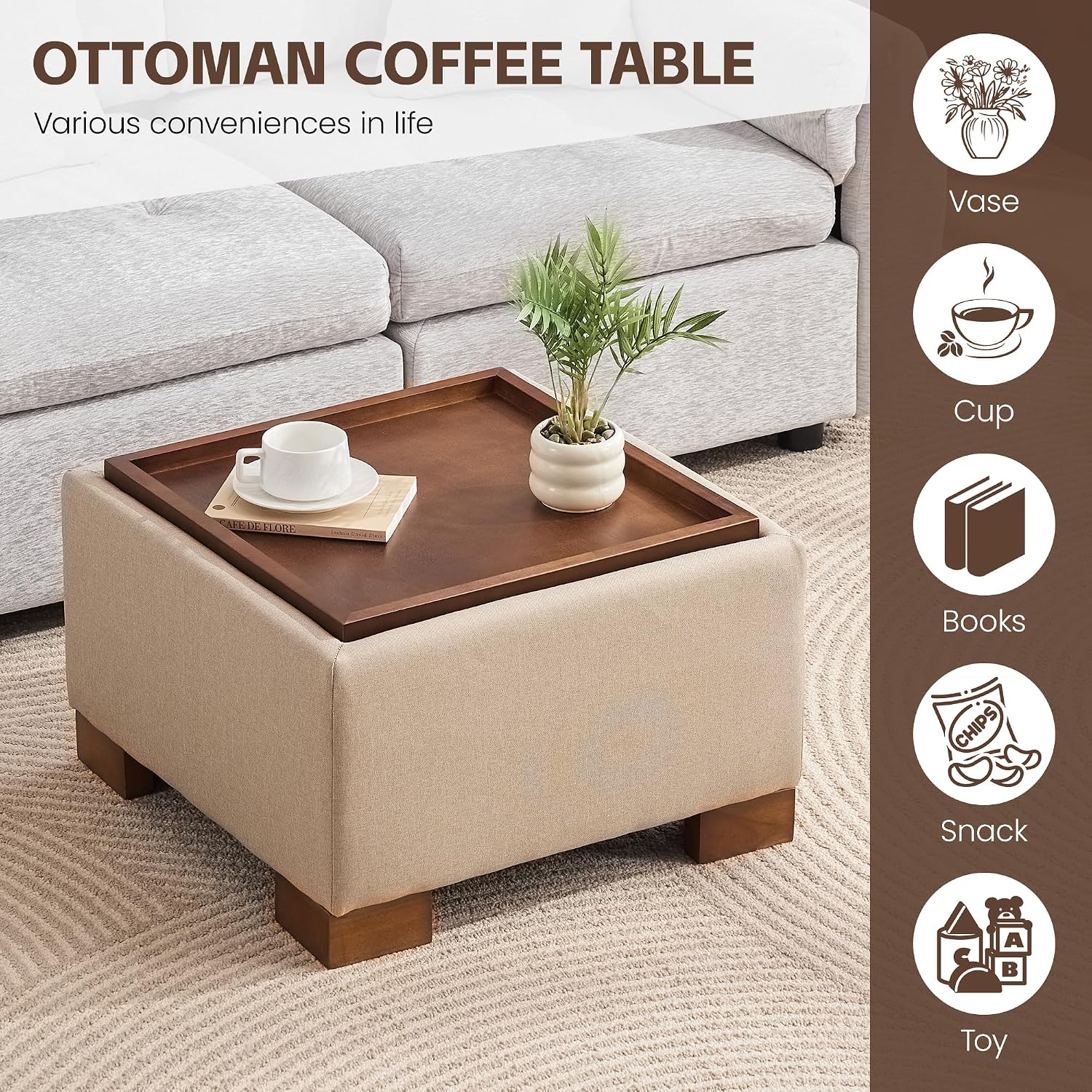 WUTUTUEE 24' Square Ottoman Coffee Table with Storage, Fabric Ottomans with Tray and Solid Wood Legs for Living Room, Bedroom and Apartments, Small Modern Ottoman Tea Table with Lift-Off Lid, Khaki