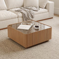 SSLine 31.5' Square Coffee Table with 2 Storage Drawers & Tempered Glass Top, Modern Wooden Center Table with Diamond Texture, Walnut for Living Room