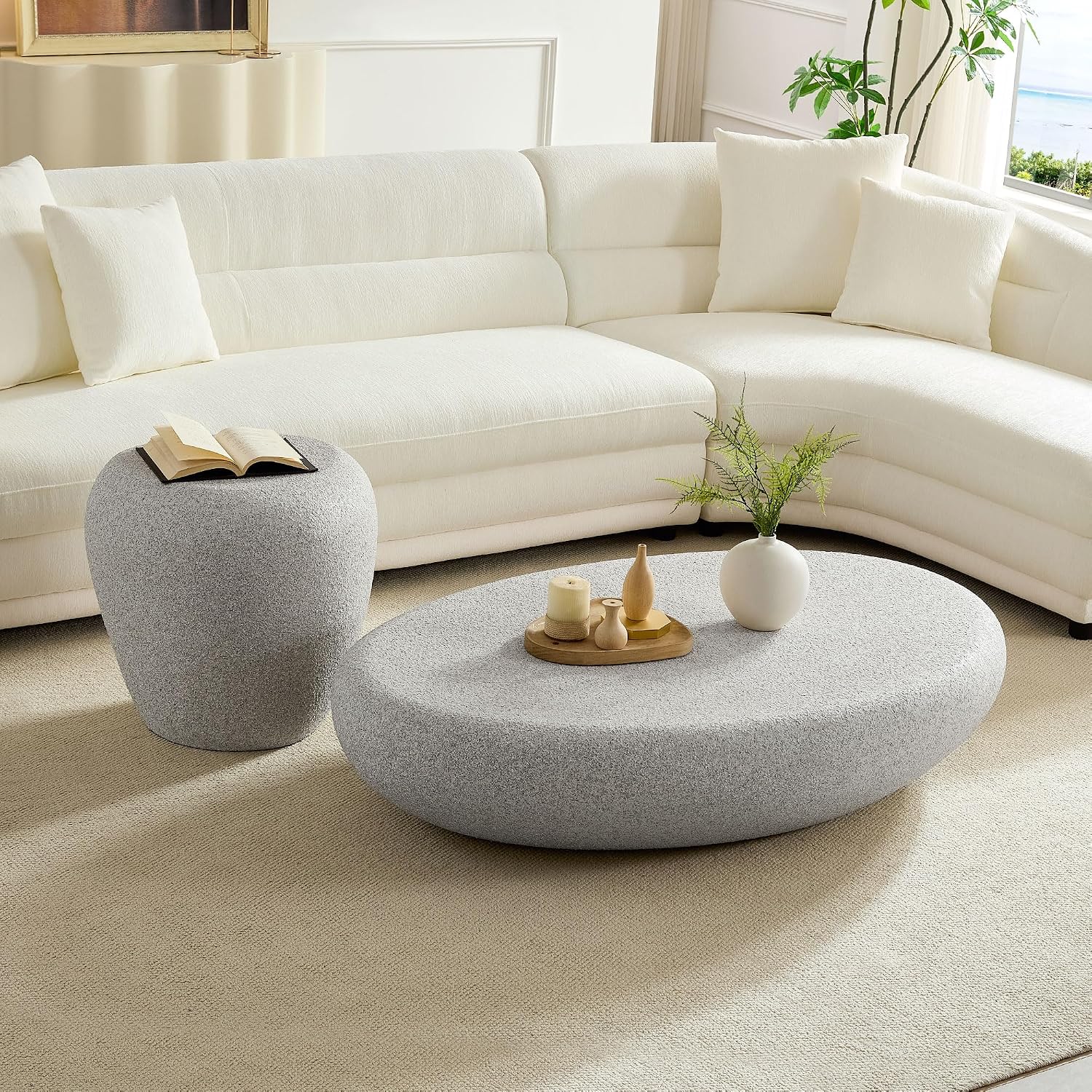 WILLIAMSPACE 19.29' End Table Travertine Side Table with Grainy Matte Rocks Pattern, Modern Circle Faux Stone Fiberglass Small Coffee Sofa Table, No Need Assembly (Beige)