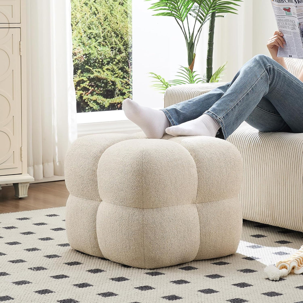 Zesthouse Square Pouf Ottomans Footstool set of 2, Upholstered Poofy Ottoman for Couch Sofa, Modern Ottoman Coffee Table for Living Room, Beige Linen Fabric Stool Foot Rest, Cute Vanity Chair Backless