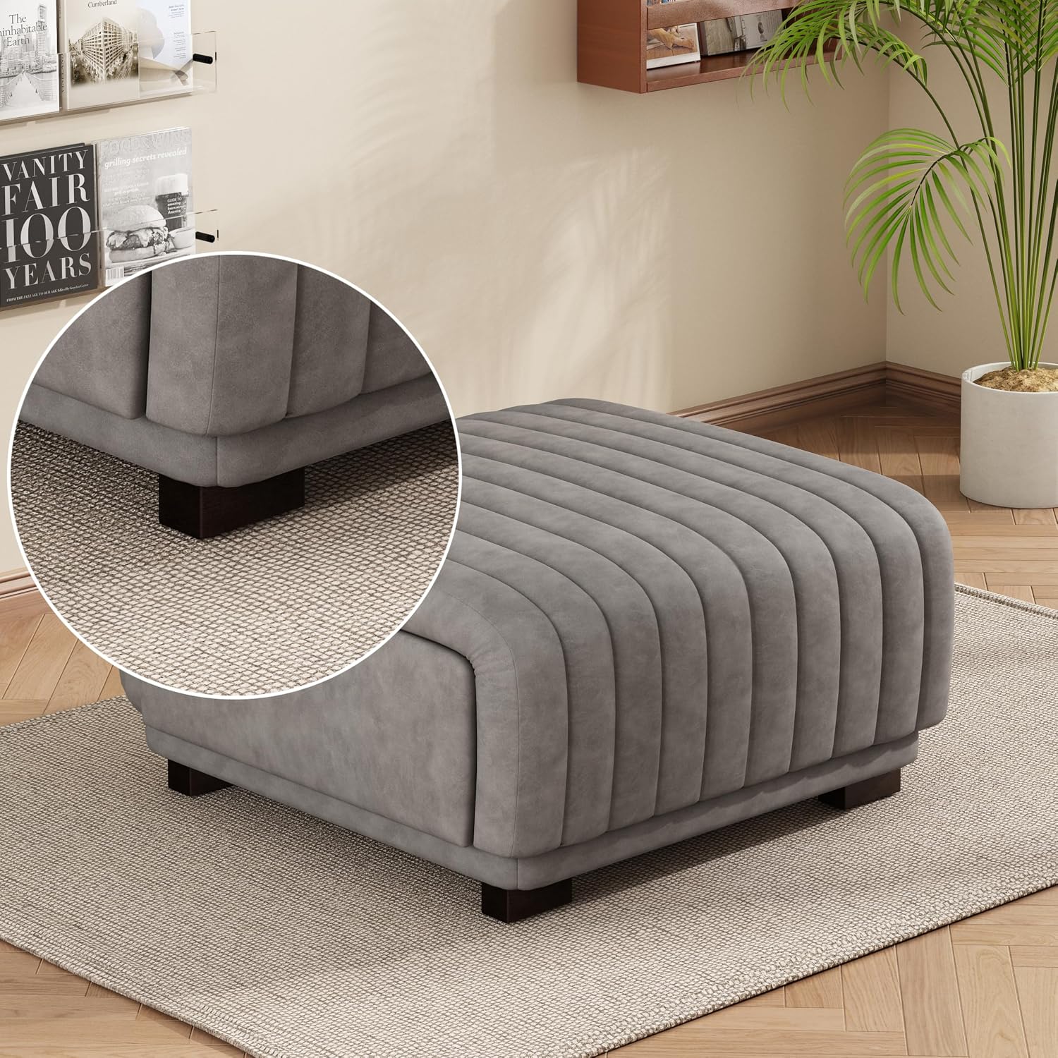 Christopher Knight Home Reyno Upholstered Ottoman with Storage for Living Room, Faux Leather Storage Ottoman Foot Rest with Side Drawers, Modern Square Coffee Table with Wooden Frame, Grey