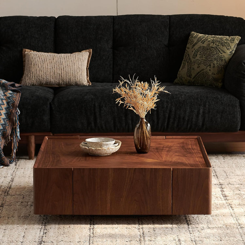 WILLIAMSPACE 35.43' Square Coffee Table with 2 Drawers Storage, Modern Drum Center Table Tea Table for Living Room Apartment, No Need Assembly - Walnut