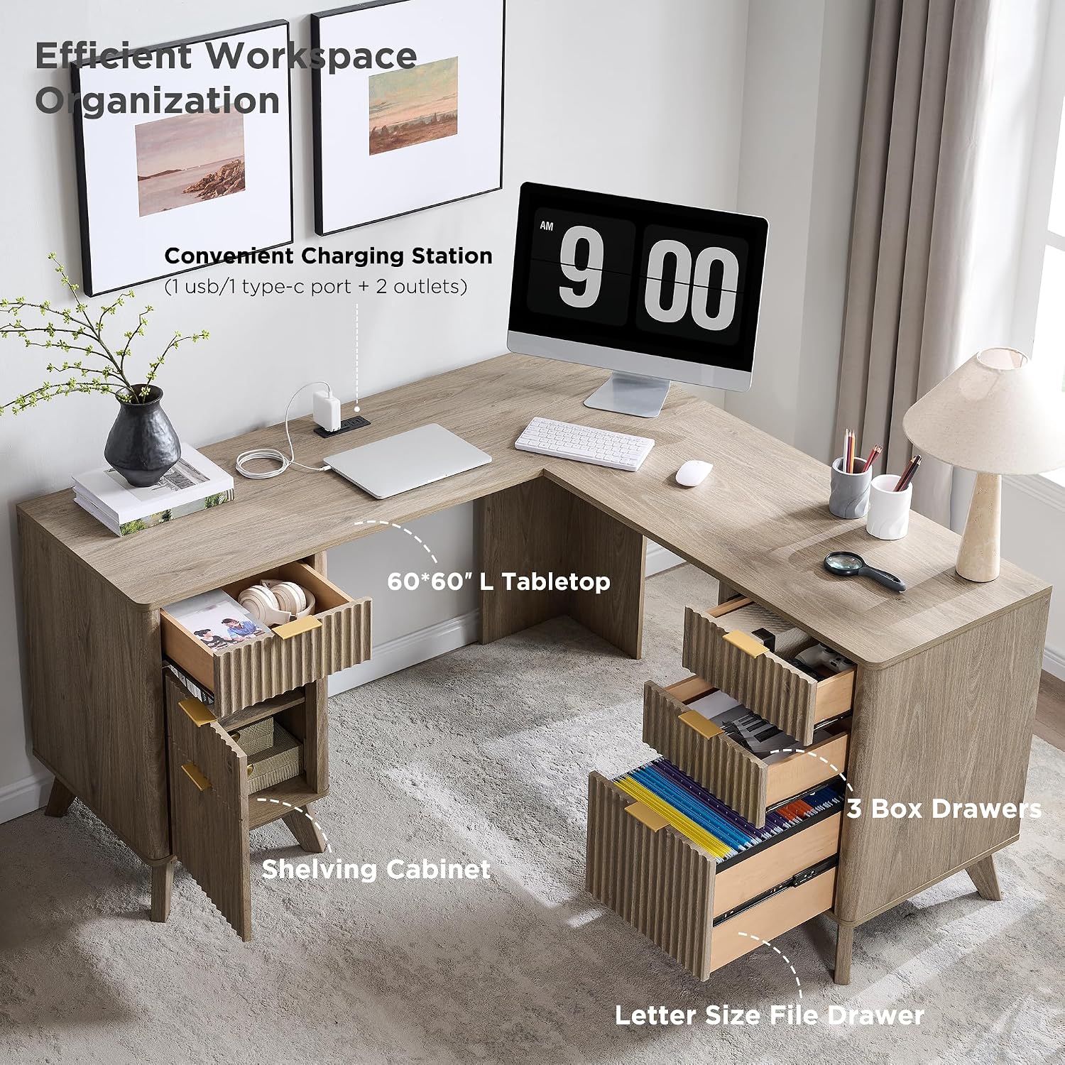 T4TREAM 60'' Fluted Executive L Shaped Desk, Modern Home Office Desk with Charging Station and File Drawer, Computer Corner Desks with Drawers & Storage Cabinet for Office Home, Bedroom, Alder Grey