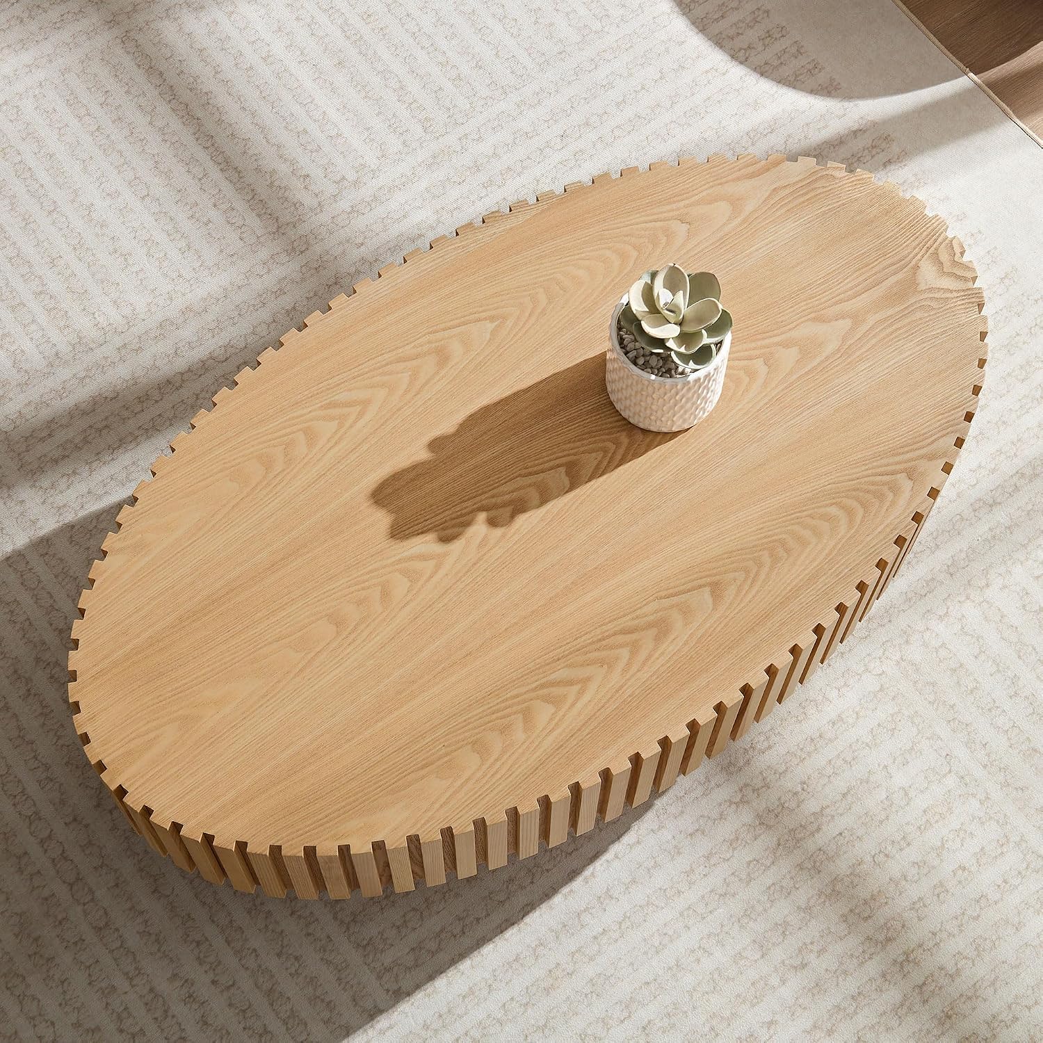 Wood Oval Coffee Table for Living Room Fluted Coffee Table with Pedestal 43.7' Modern Olive-Shaped Center Table for Apartment Easy Assembly Natural Wood