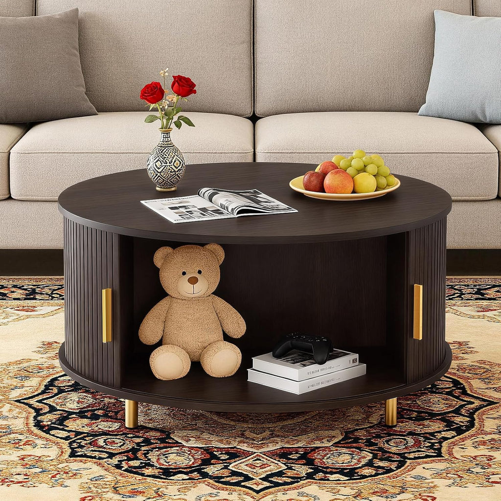 DHH Round Coffee Table, 31.5' Mid Century Modern Coffee Table with 360° Sliding Tambour Door, Fluted Accent Coffee Table with Storage Adjustable Footpads for Living Room (Dark Walnut)