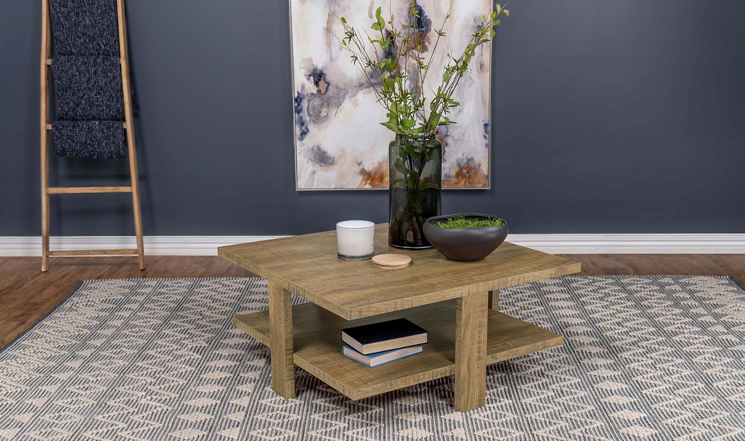 Coaster Home Furnishings - Dawn - Engineered Wood - Square Coffee Table, Dual-Surface, Dual-Tiered Design, Wide Legs, Rustic Style - Living Room - 39-Inch - Mango Brown - 707718