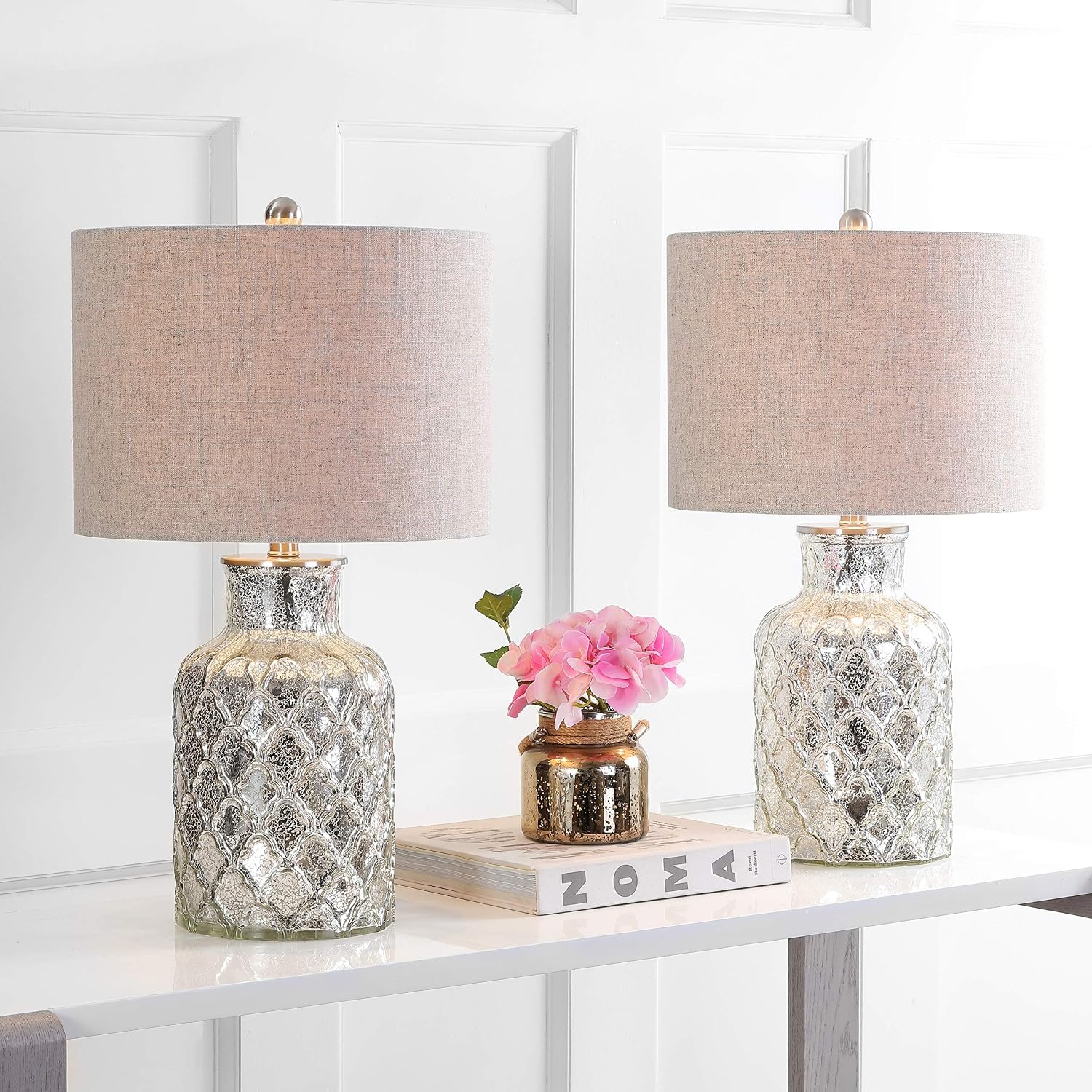 JONATHAN Y 24.5' Alvord Mercury Silver Quatrefoil Glass Table Lamp Set of 2, Contemporary Nightstand Lamps with Grey Linen Drum Shade, UL Listed, LED Bulbs Included JYL1075A-SET2