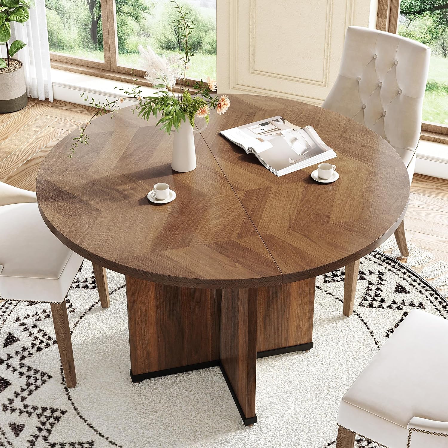 LITTLE TREE 39-Inch Round Dining Table for 4, Rustic Kitchen Table with X-Shaped Stable Pedestal, Farmhouse Dinner Table for Dining Room, Living Room, Dark Brown