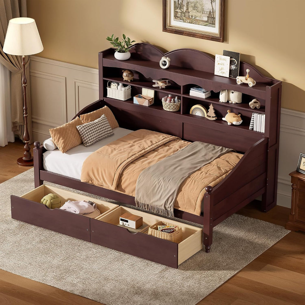 Harper & Bright Designs Captain's Bed with 2 Storage Drawers and Bookcase Headboard,Twin Size Wood Day Bed Frame with Sturdy Slats Support,Espresso