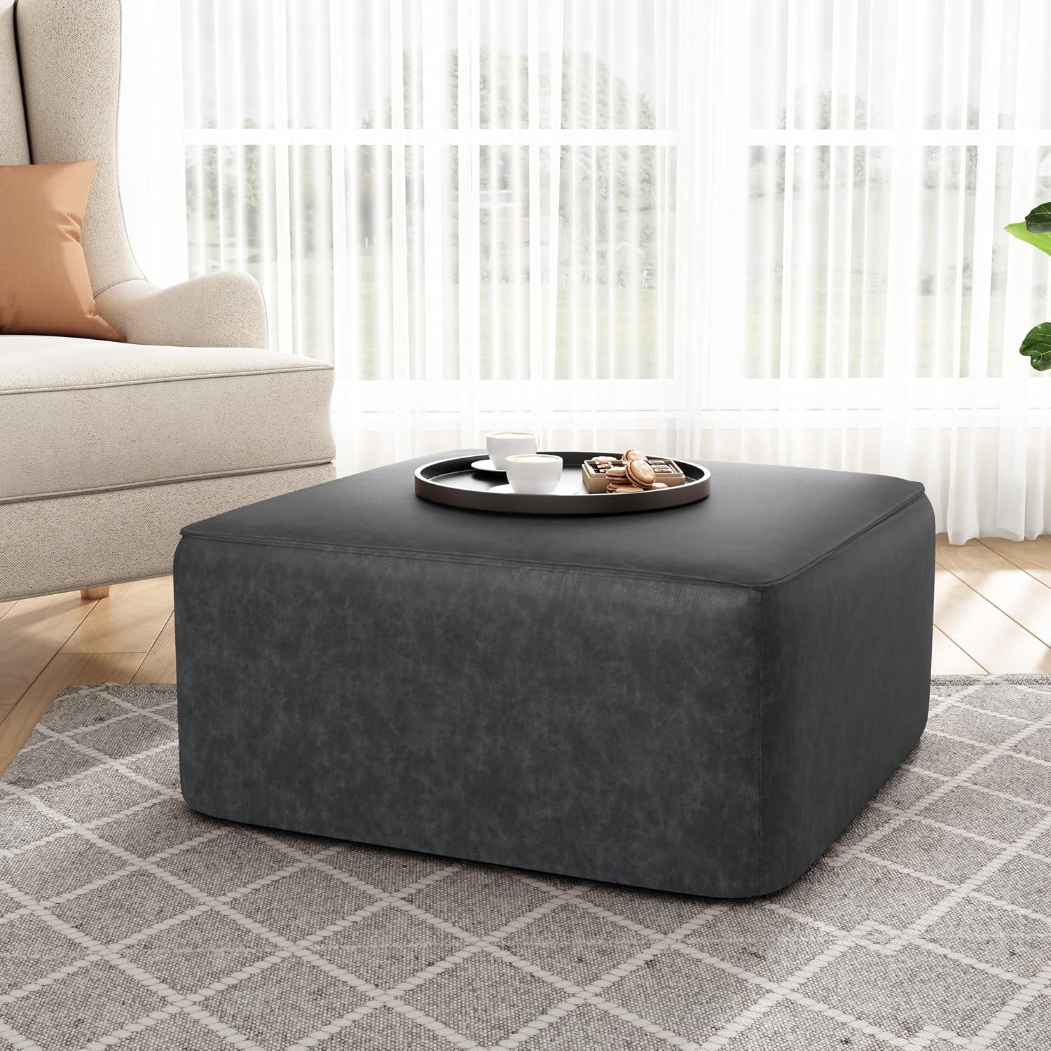Christopher Knight Home Ellis Faux Leather Ottoman Footstool, Square Pouf Poufee Footrest Ottoman Large Seat, Modern Side Table for Living Room Bedroom Home Decor Gifts, Black