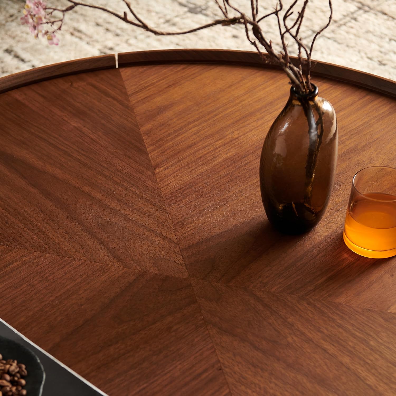 WILLIAMSPACE 35.43' Round Coffee Table with 2 Drawers Storage, Modern Circle Drum Center Table Tea Table for Living Room Apartment, No Need Assembly - Walnut