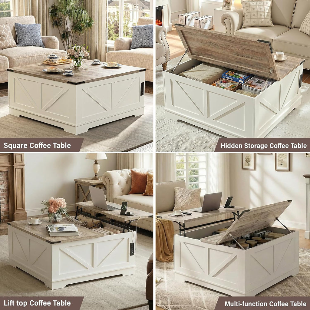 BREEZEHEAT Farmhouse Lift Top Coffee Table with Storage, Large 40' Wood Square Coffee Table with Charging Station&USB Port, Living Room Table w/Hidden Space, for Living Room,Home Office, White