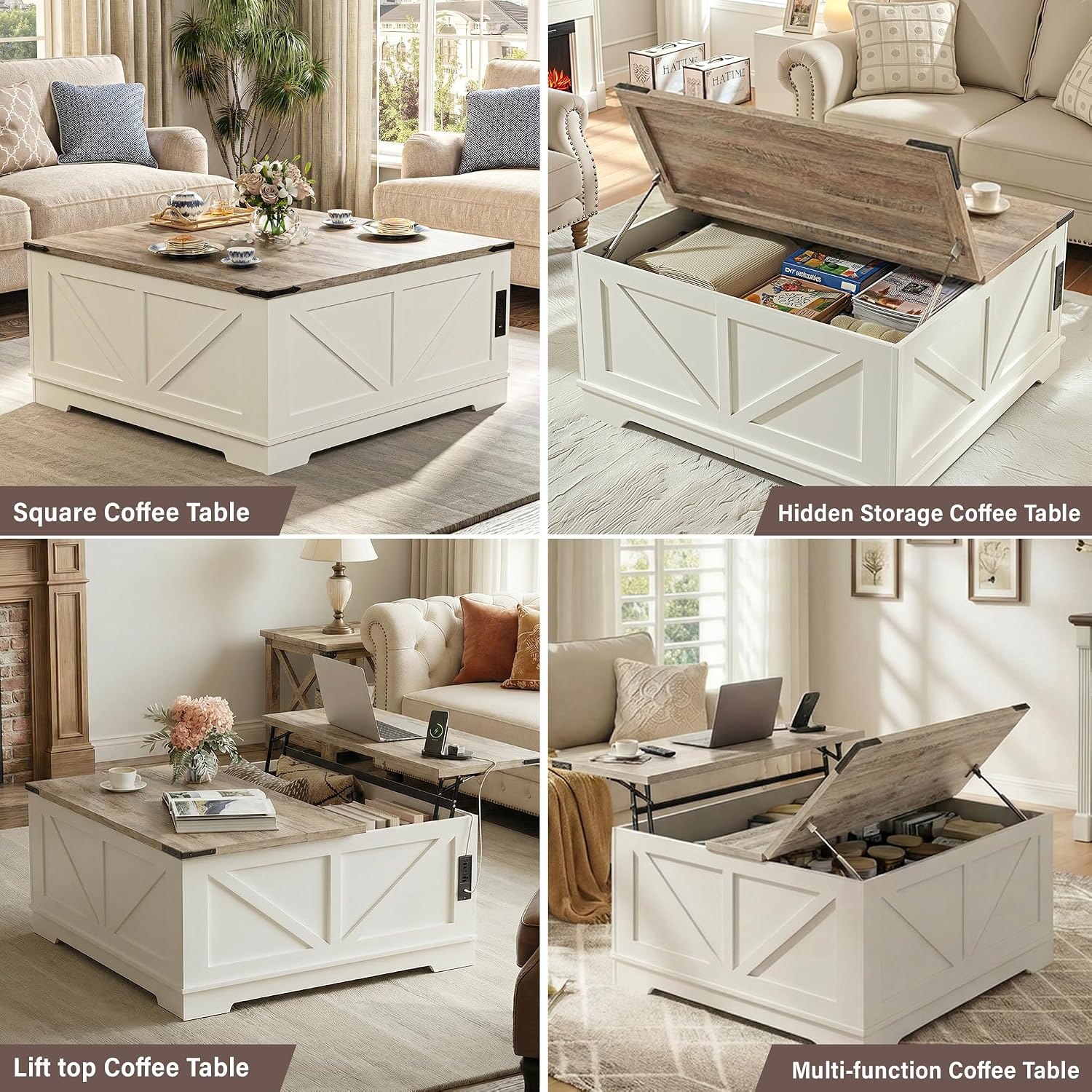 BREEZEHEAT Farmhouse Lift Top Coffee Table with Storage, Large 40' Wood Square Coffee Table with Charging Station&USB Port, Living Room Table w/Hidden Space, for Living Room,Home Office, White