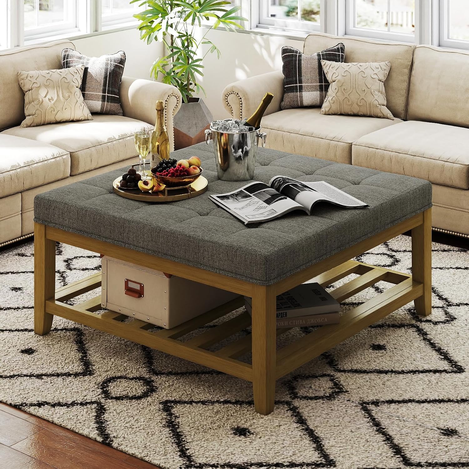 Befurtori Large Square Ottoman Coffee Table, Linen Solid Upholstered Footrest Ottoman with Solid Wood Shelf Storage Tufted Coffee Table for Bedroom Living Room, Granite