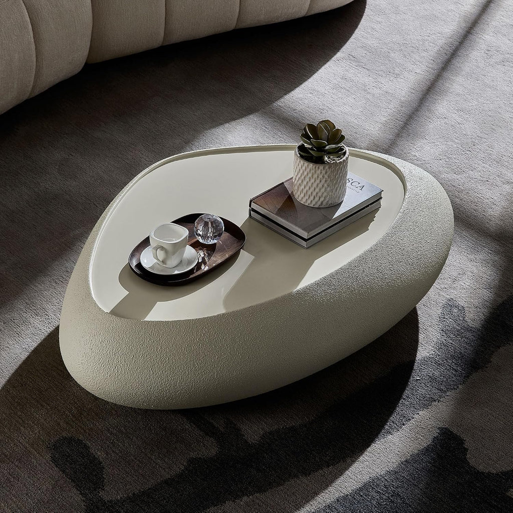 WILLIAMSPACE 47.24' Oval Coffee Table with Grainy Matte Rocks Pattern, Modern Faux Stone Irregular Center Table, Drum Fiberglass Coffee Table Accent Side Table End Table for Living Room (White)