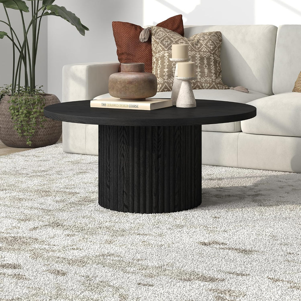Henn&Hart 32' Fluted Round Wooden Pedestal Low-Profile Coffee Table with Ribbed Pedestal Base for Living Room, Family Room, Office, or Apartment, Natural Black