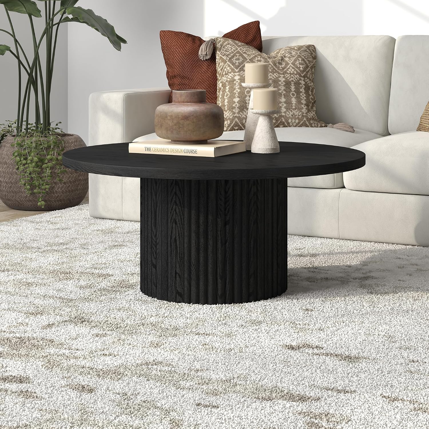 Henn&Hart 32' Fluted Round Wooden Pedestal Low-Profile Coffee Table with Ribbed Pedestal Base for Living Room, Family Room, Office, or Apartment, Natural Black
