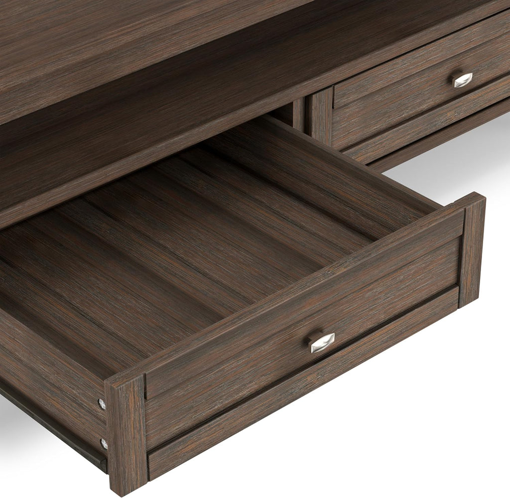 SIMPLIHOME Warm Shaker Coffee Table - 48 inch Wide Solid Wood Coffee Table in Farmhouse Brown, Transitional Living Room Table with 2 Drawers, Open Shelf, Shaker Fronts and Tapered Legs