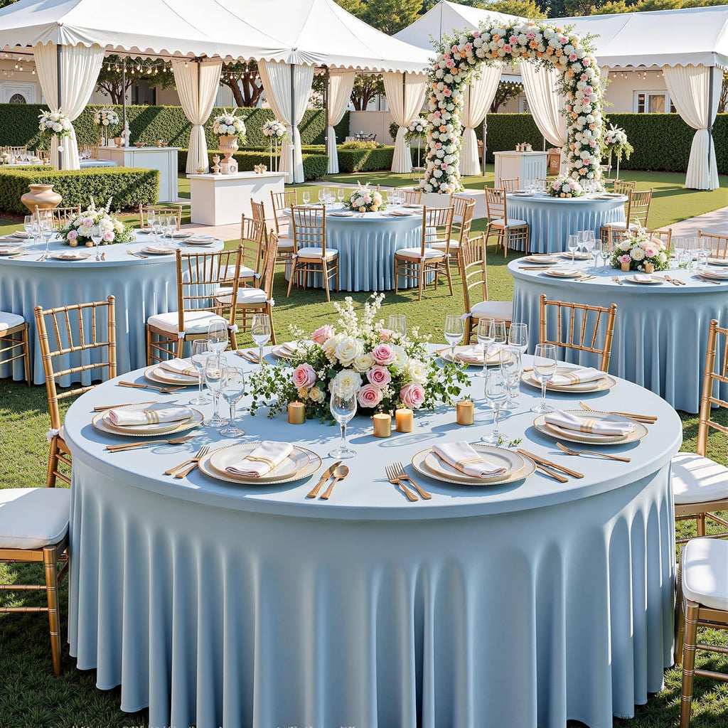 NSSONBEN 6 pk Dusty Blue Spandex Round Table Cloths for 60inch Table, Wrinkle Free 120inch Stretchy Fitted 5ft Round Table Covers with Skirt for Wedding Birthday Graduation Parties Banquet Events