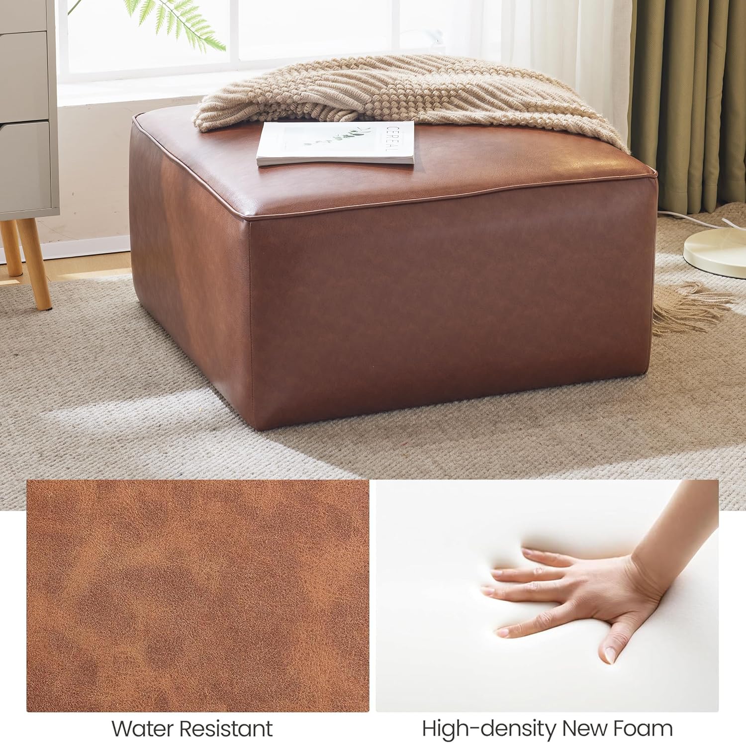 Christopher Knight Home Faux Leather Ottoman Footstool, Square Pouf Poufee Footrest Ottoman Large Seat, Modern Side Table for Living Room Bedroom Home Decor Gifts, Light Brown 30'