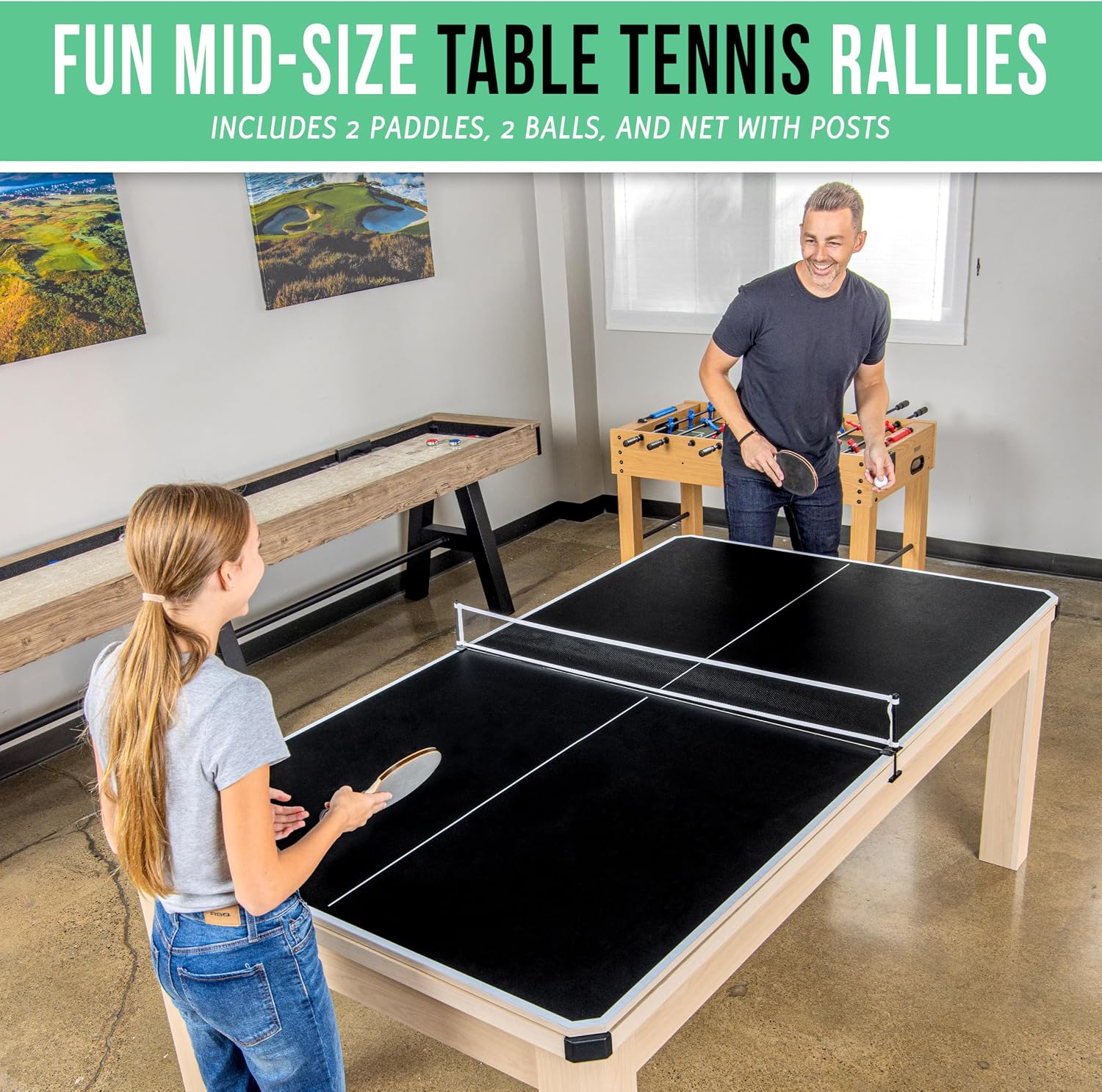 GoSports 3 in 1 Pool, Dining, & Table Tennis Combo Table and Storage Benches - 7 ft or 8 ft - Convertible Billiards and Table Tennis with Accessories
