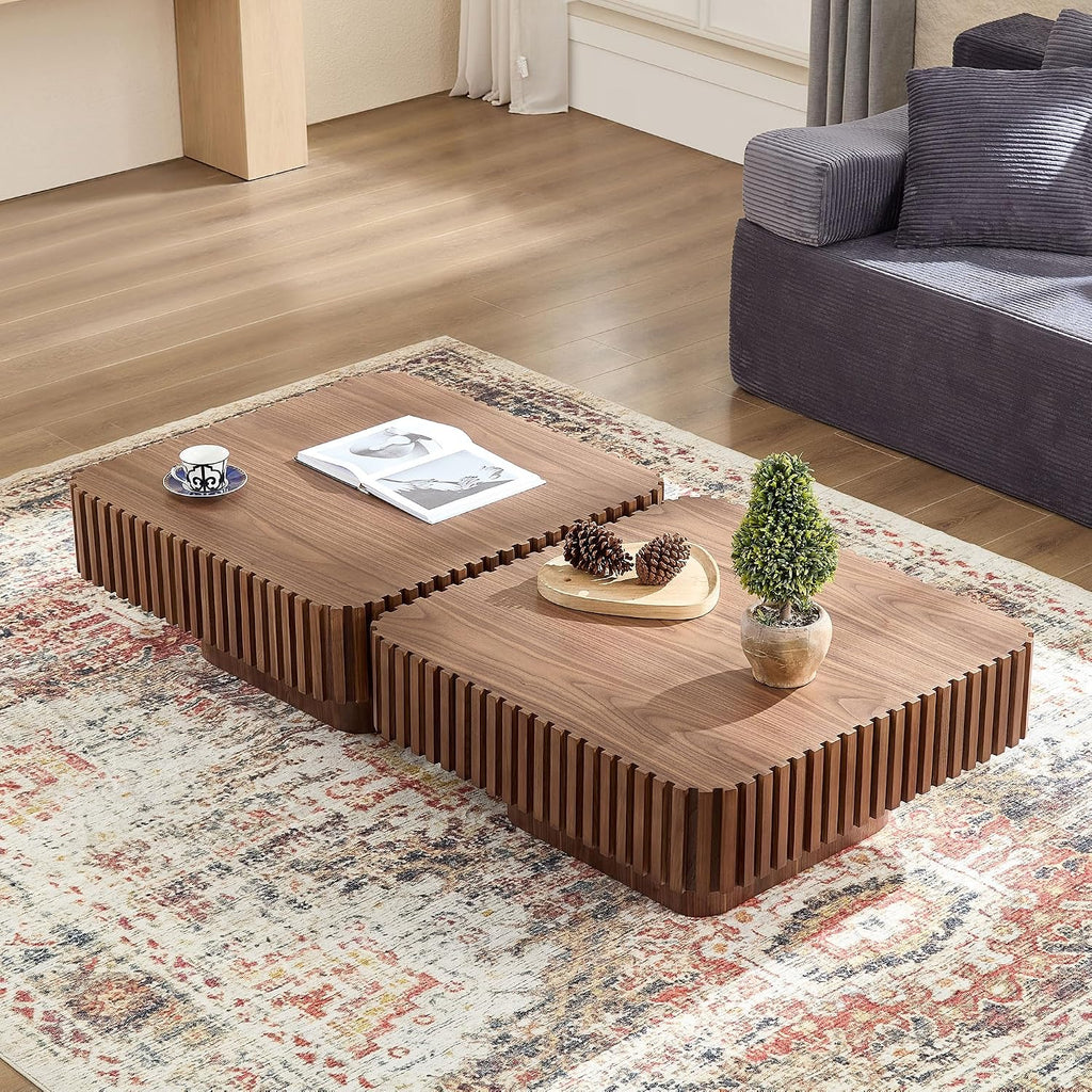 Coffee Table, 35.43' Square Coffee Table Modern Handcraft Fluted Table Accent Wood Center Table for Living Room Apartment, Easy Assembly, Walnut