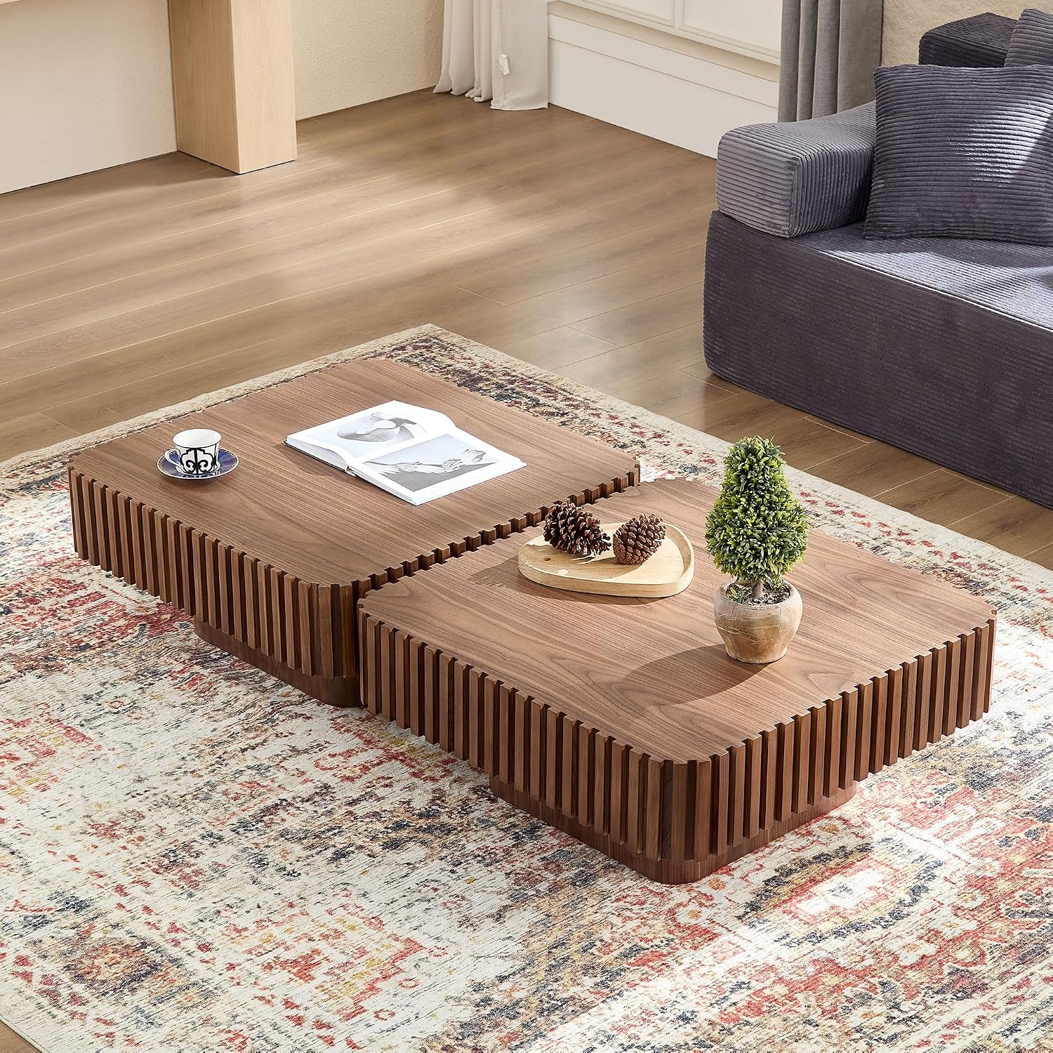 Coffee Table, 35.43' Square Coffee Table Modern Handcraft Fluted Table Accent Wood Center Table for Living Room Apartment, Easy Assembly, Walnut