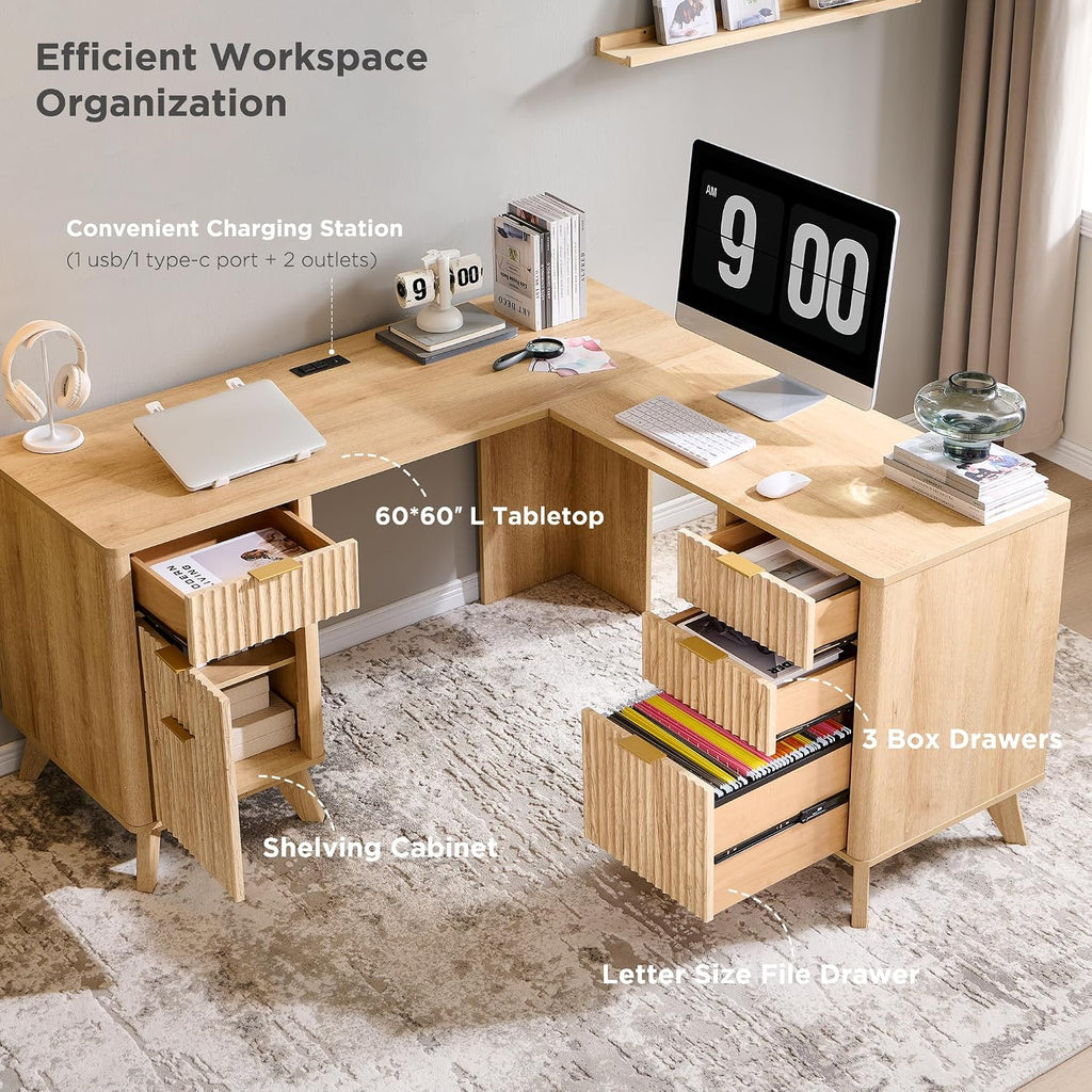 T4TREAM 60'' Fluted Executive L Shaped Desk, Modern Home Office Desk with Charging Station and File Drawer, Computer Corner Desks with Drawers & Storage Cabinet for Office Home, Bedroom, Natural Oak