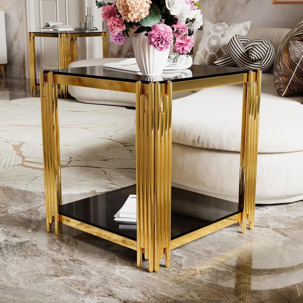 Merax Table Set of 3, with 1 Rectangle Coffee Table & 2 Square End Tables, Black Mirror, Asymmetrical Metal, Gold Finish & Lower Shelf, for Living Room Apartment, Black