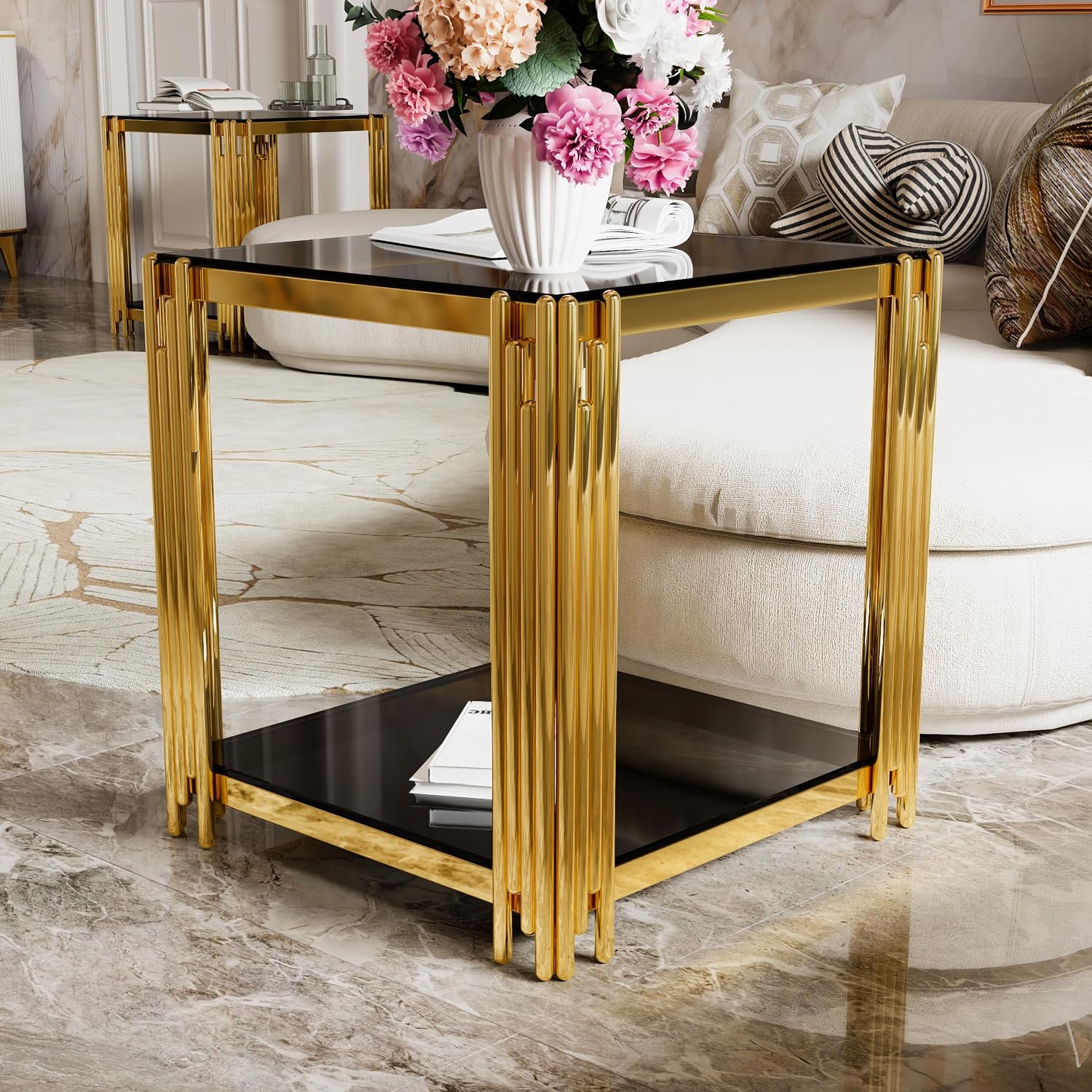 Merax Table Set of 3, with 1 Rectangle Coffee Table & 2 Square End Tables, Black Mirror, Asymmetrical Metal, Gold Finish & Lower Shelf, for Living Room Apartment, Black