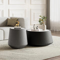 Round Coffee Table Set with Sintered Stone Tabletop, 26.77' Black Drum Center Table and 19.68' Grey Coffee Table Set, 2 Pieces Living Room Table Set with Fluted PU Leather Cover& Stable Base