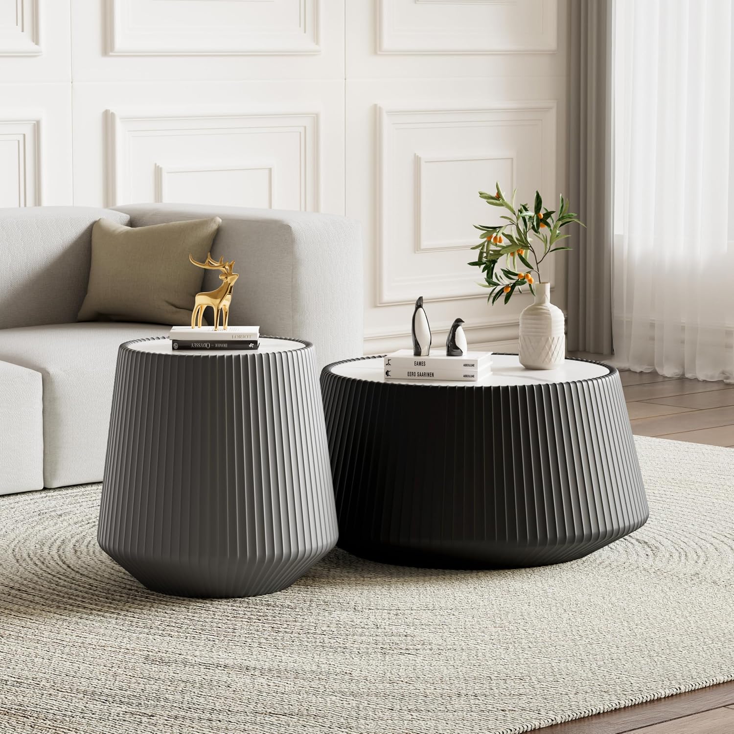 Round Coffee Table Set with Sintered Stone Tabletop, 26.77' Black Drum Center Table and 19.68' Grey Coffee Table Set, 2 Pieces Living Room Table Set with Fluted PU Leather Cover& Stable Base