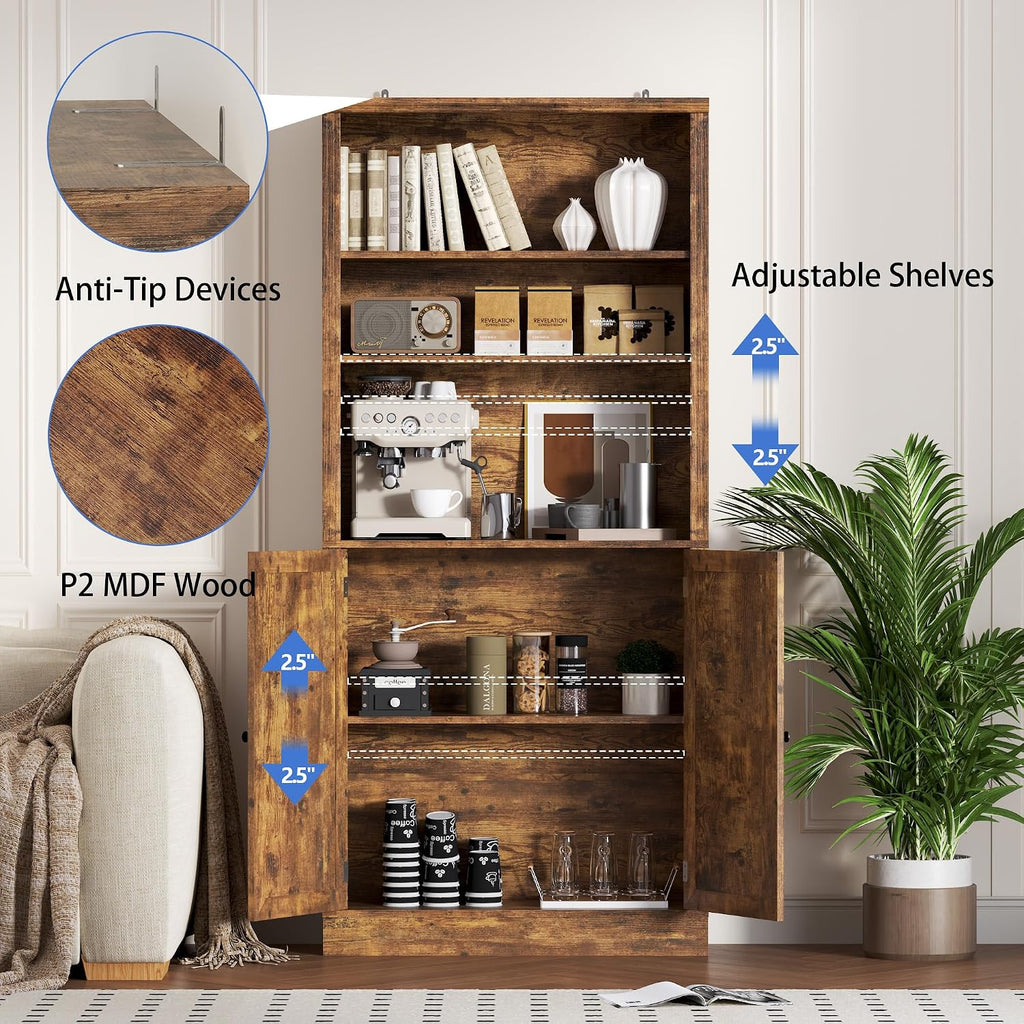 BORNOON 70.1' Tall Bookshelf with Cabinet, 5-Tier Floor Standing Bookcase with Doors & Adjustable Shelves, 31.5' Wide Storage Shelf, Metal Handles, Modern Organizer for Home Office, Living Room