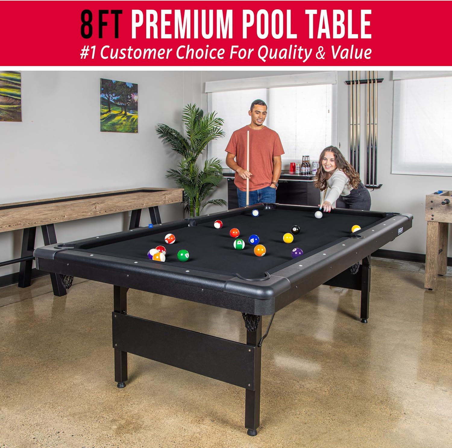 GoSports 6, 7, or 8 ft Billiards Tables - No Assembly, Choose Your Color - Portable Pool Table Includes Full Set of Balls, 2 Cue Sticks, Chalk and Felt Brush