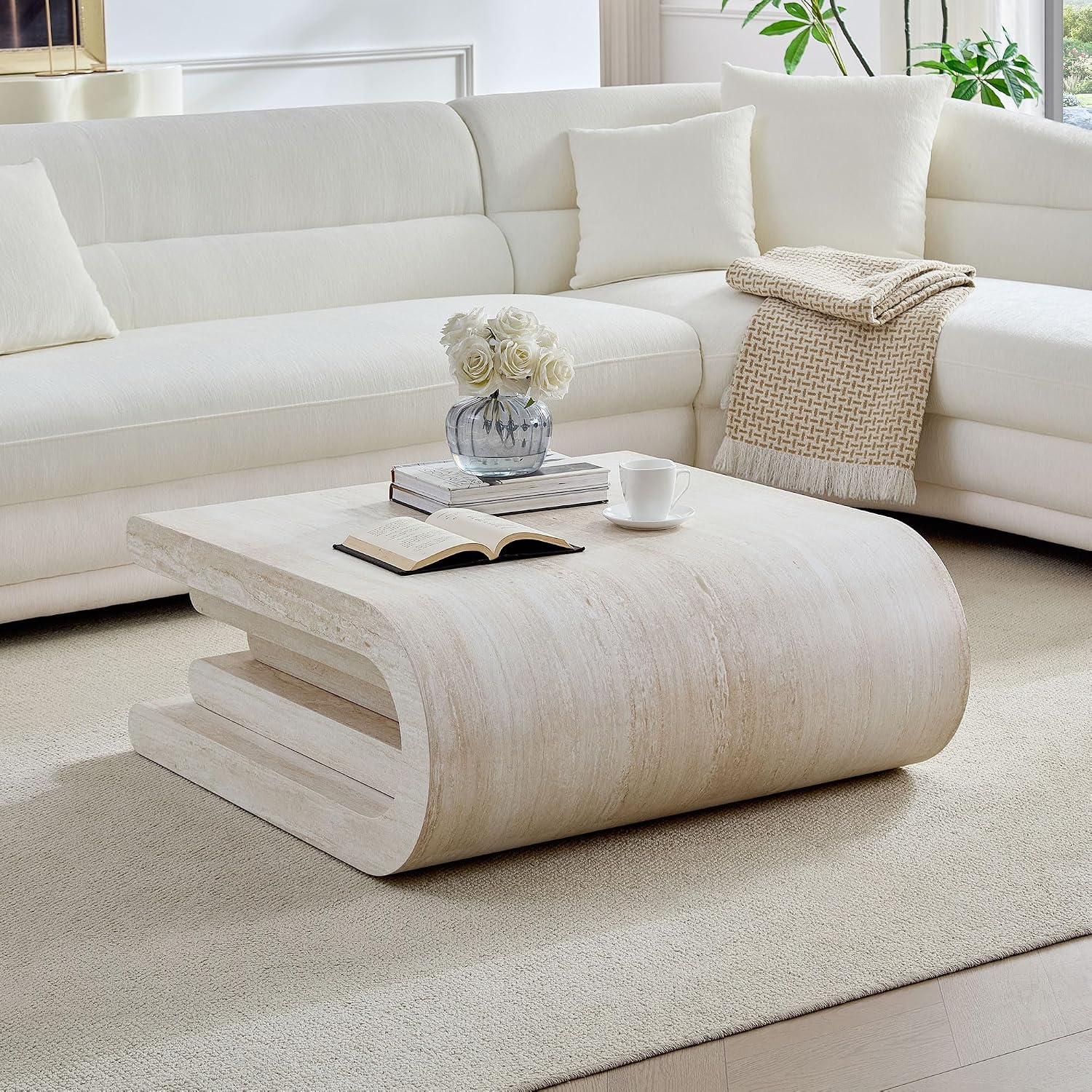 33.89' Square Faux Travertine Pattern Coffee Table for Living Room,MDF Modern Design Irregular Table with Layered Base for Office,Apartment,No Need Assembly,Beige