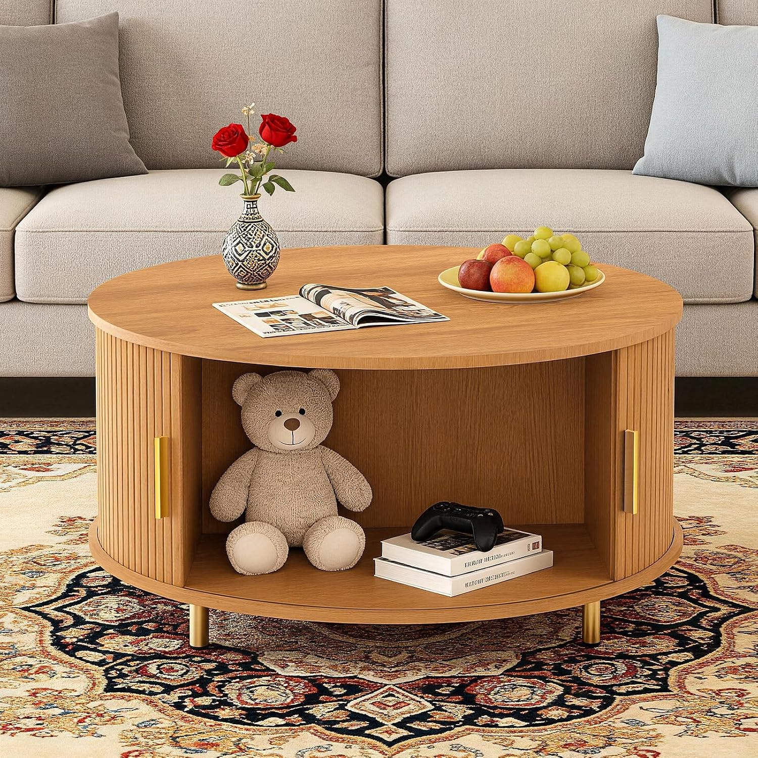 DHH Round Coffee Table, 31.5' Mid Century Modern Coffee Table with 360° Sliding Tambour Door, Fluted Accent Coffee Table with Storage,Adjustable Footpads for Living Room, Yellow Walnut