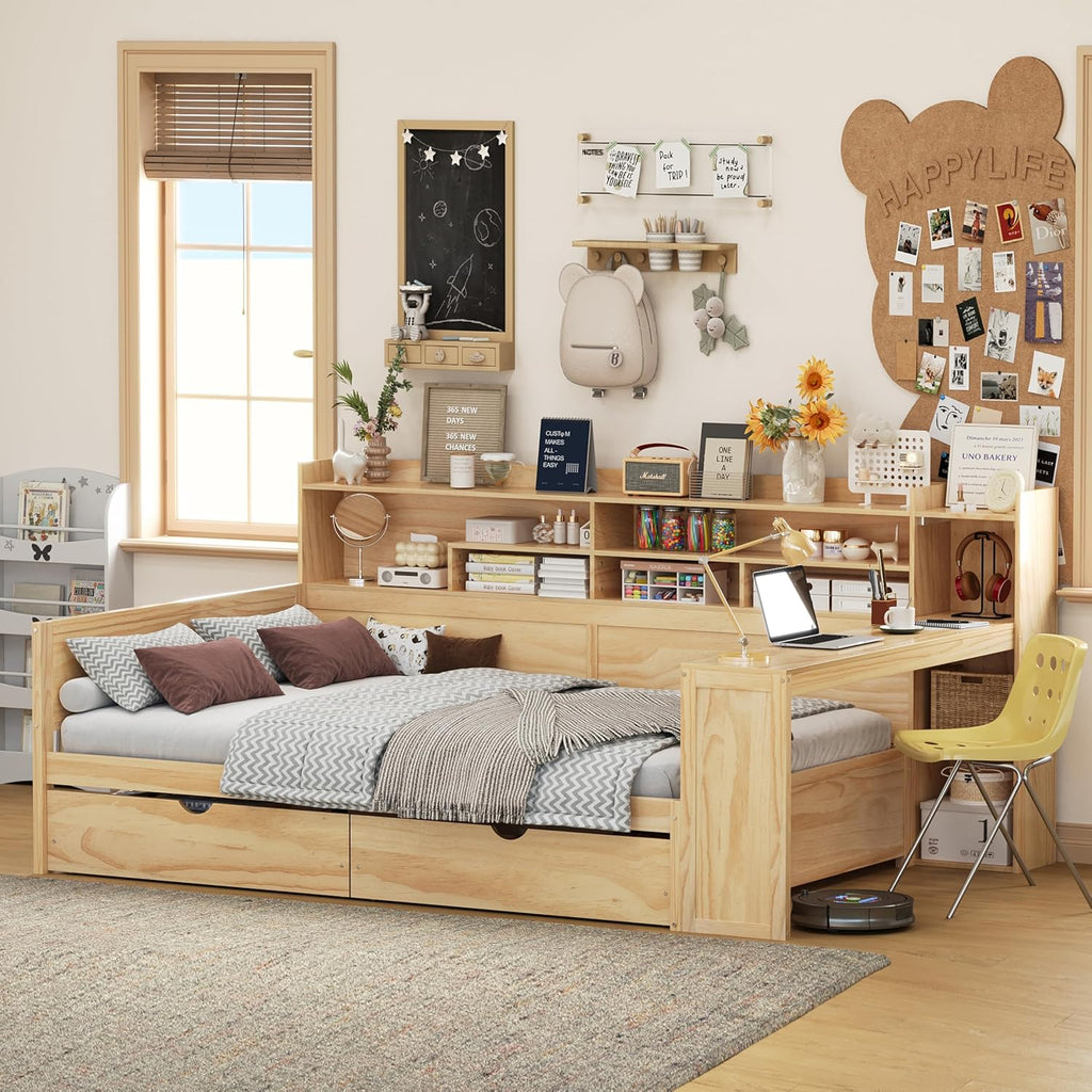LUMISOL Full Size Daybed with Desk & Storage, Wooden Corner Bed Frame with Storage Drawers & Shelves for Living Room, Guest Room, No Box Spring Needed, Natural