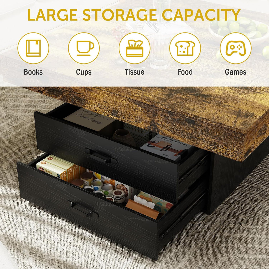 Square Coffee Table with LED Lights, 35.4' Coffee Tables for Living Room, Engineered Wood Modern Center Table with 2 Drawers for Home, Office (Black)