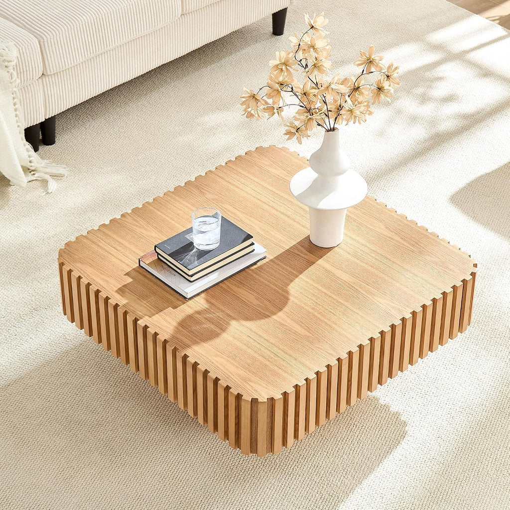 Coffee Table, 35.43' Square Coffee Table Modern Handcraft Fluted Table Accent Wood Center Table for Living Room Apartment, Easy Assembly, Oak