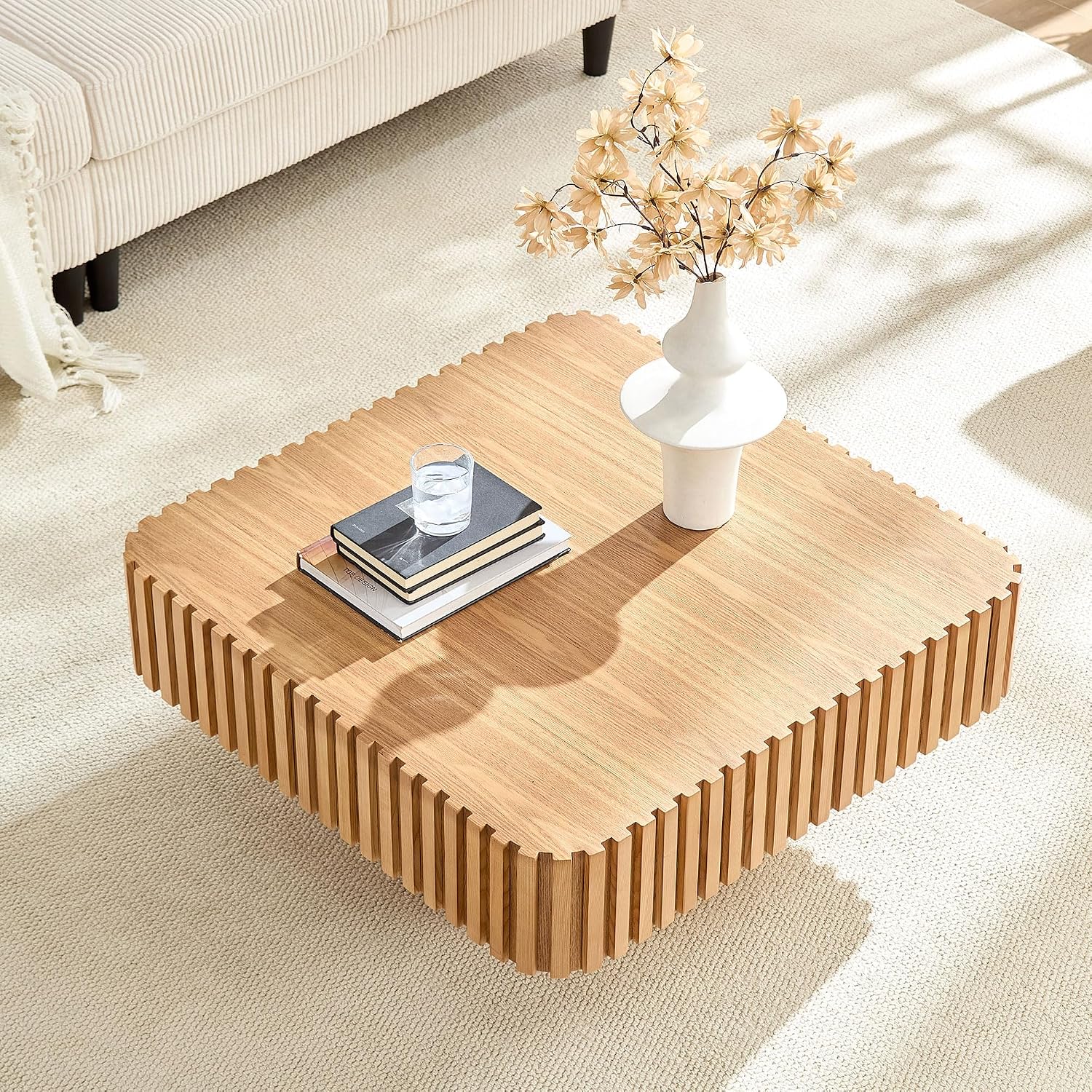 Coffee Table, 35.43' Square Coffee Table Modern Handcraft Fluted Table Accent Wood Center Table for Living Room Apartment, Easy Assembly, Oak