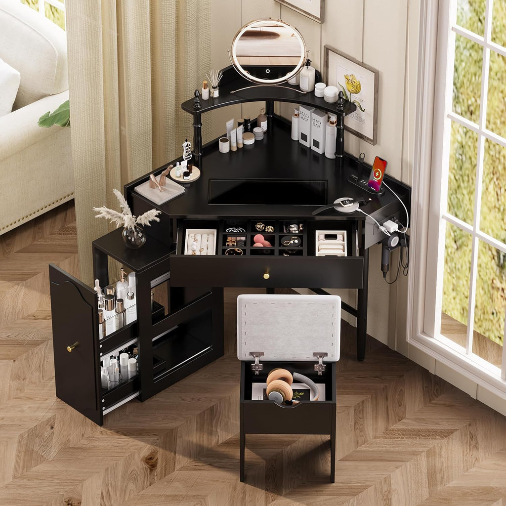Corner Vanity Desk, Modern Makeup Vanity with 1 Drawers & Storage Stool Bedroom, with Adjustable Cabinet Open Shelves Drawer for Women (Black-1)