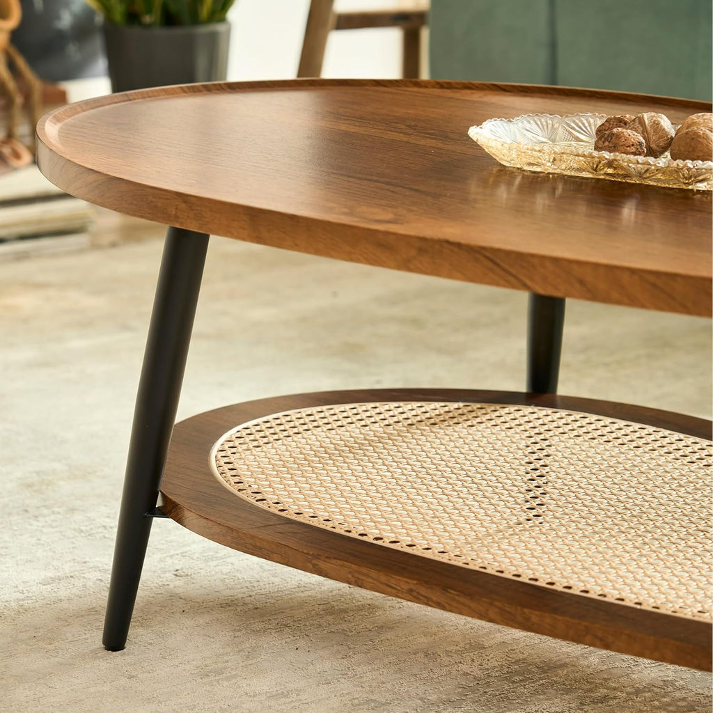 AGV LIGHTING Oval Coffee Table with Storage Shelf, 47' Mid Century Modern Coffee Table for Living Room, Walnut Wood Finish MDF Top with Rattan Shelf