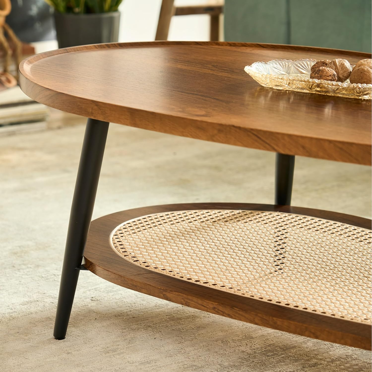 AGV LIGHTING Oval Coffee Table with Storage Shelf, 47' Mid Century Modern Coffee Table for Living Room, Walnut Wood Finish MDF Top with Rattan Shelf