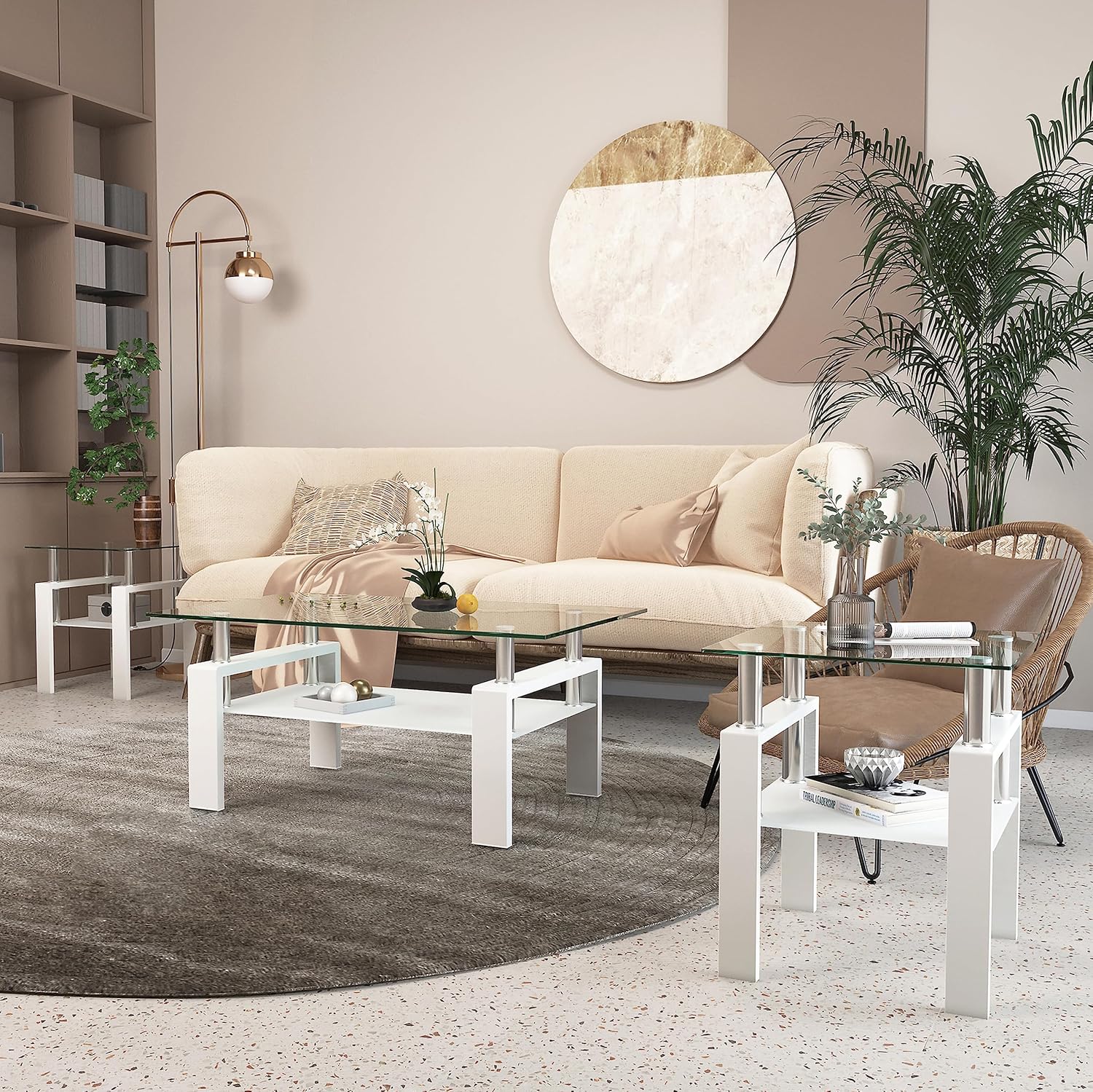 Living Room Tables Set,3 Piece Glass Coffee Table and End Tables Set for Living Room, Coffee Table Set with Tempered Glass Tabletop and Metal Frame for Apartment, Small Space, White