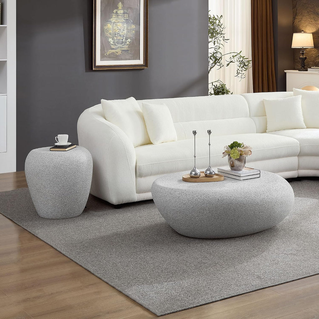 WILLIAMSPACE Faux Stone Coffee Table Set of 2 with Grainy Rocks for Living Room, Modern Irregular Oval Curved Center Table Set, Accent Travertine Drum Fiberglass Tea Table, No Assembly (Beige)