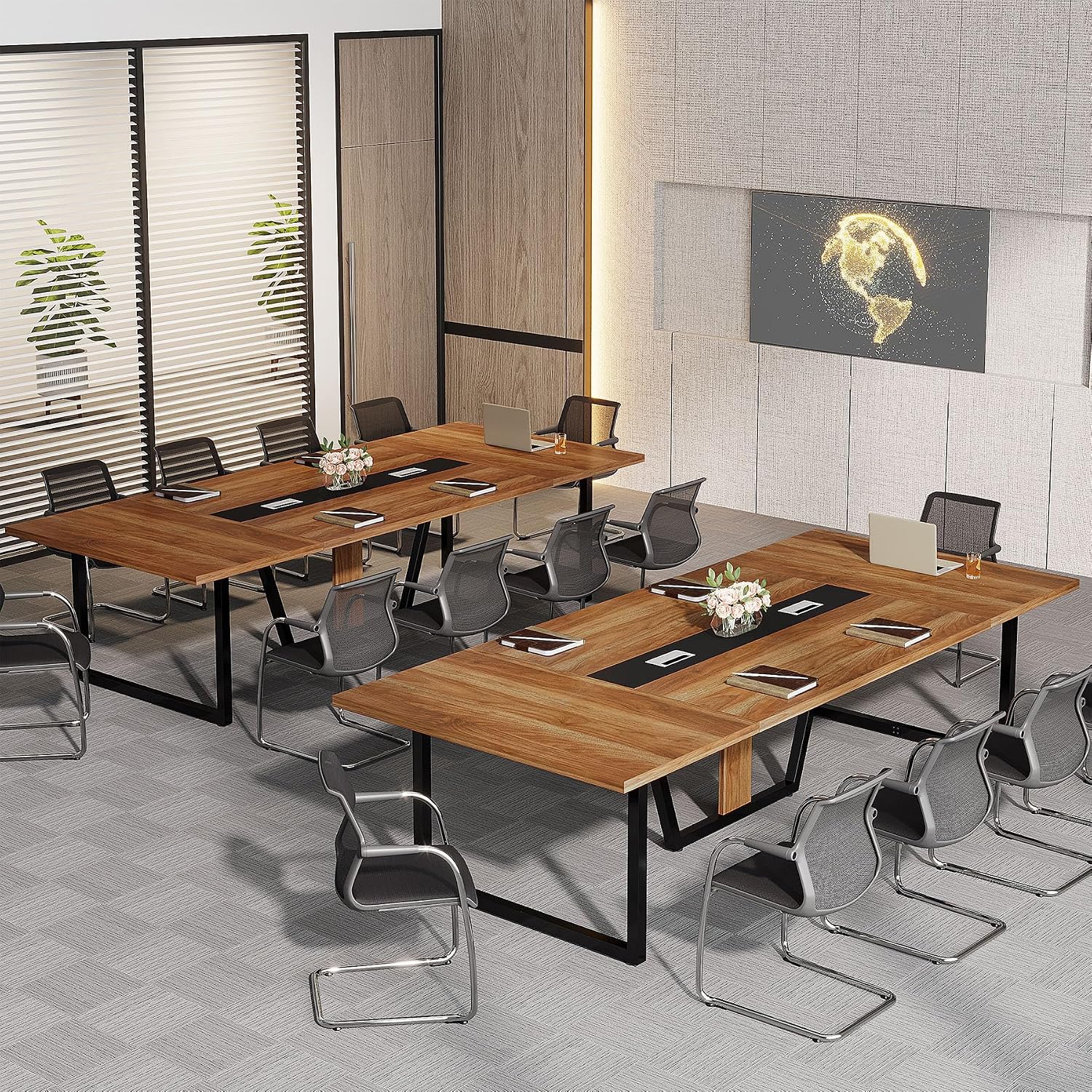 Tribesigns 8FT Conference Table Set of 2, Large Meeting Podcast Table for 10 People, Business Style Wooden Training Table with Strong Metal Frame for Office Conference