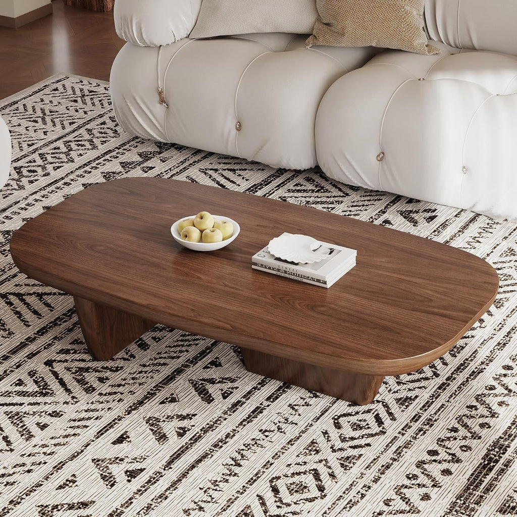 Mid Century Modern Wood Coffee Table with Rounded Edges and Unique Dual Leg Design, Easy Assembly Brown Living Room Center Table, 51.2' Rectangular Tea Table
