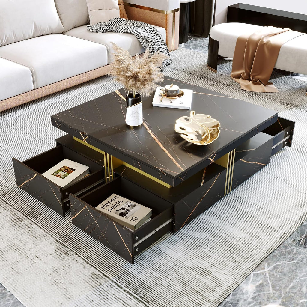 Modern Black Square Storage Coffee Table with 4 Drawers for Living Room