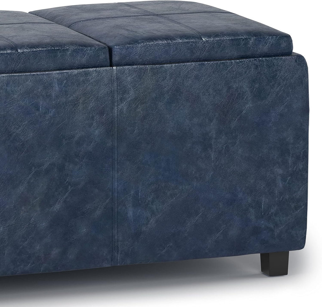 SIMPLIHOME Avalon Storage Ottoman - 42 inch Wide Upholstered Vegan Leather Rectangular Flip-Top Ottoman in Denim Blue, Contemporary Coffee Table Ottoman for Living Room with Hidden Storage